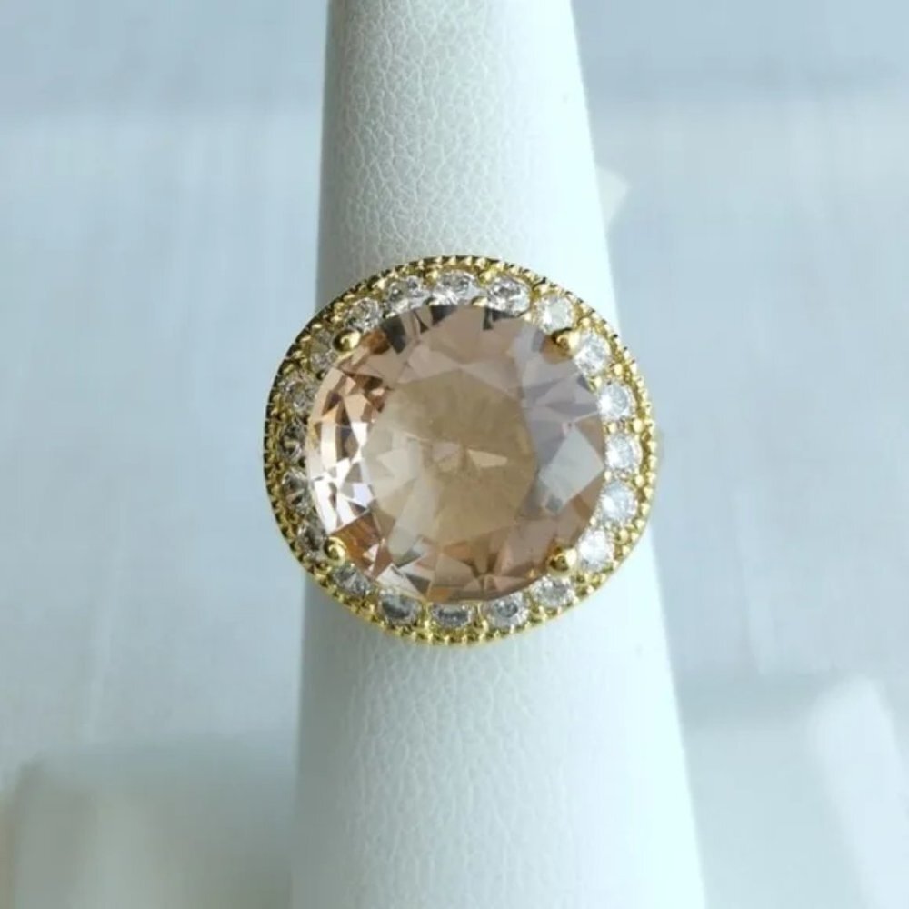 NWT, large morganite cz cocktail ring 18k gold overlay size 6